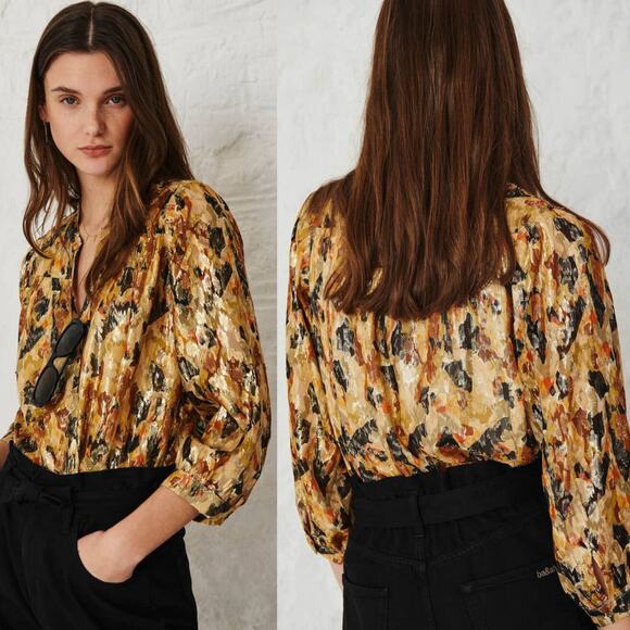 BA&SH Gaby Metallic Blouse Silk Ochre Gold Abstract Print 3/4 Sleeve Size XS - Picture 1 of 12